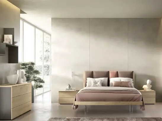 Letto Take I13 in rovere miele con testiera in tessuto imbottito di Moretti Compact Giorno Notte