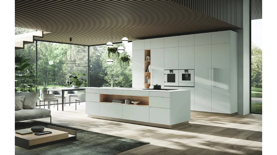 Cucina Design con isola Ménta in laminato PET opaco Bianco Nordico di Miton