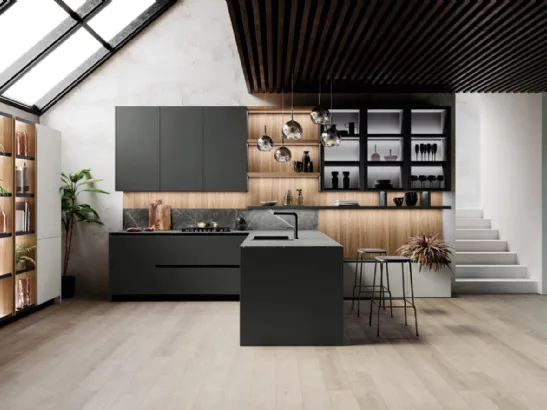 Cucina Design con penisola Ménta in bilaminato Grigio Medio di Miton