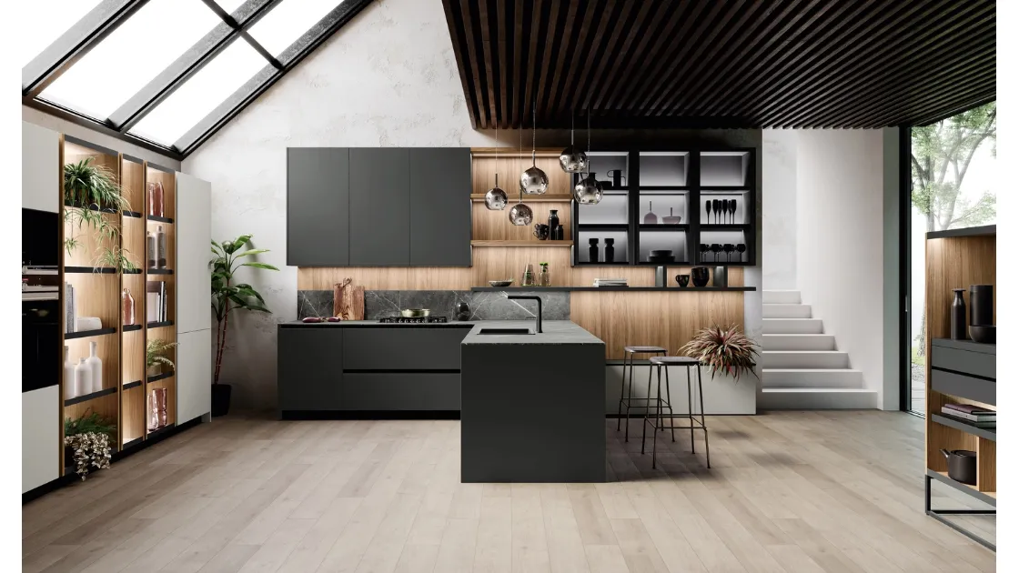 Cucina Design con penisola Ménta in bilaminato Grigio Medio di Miton