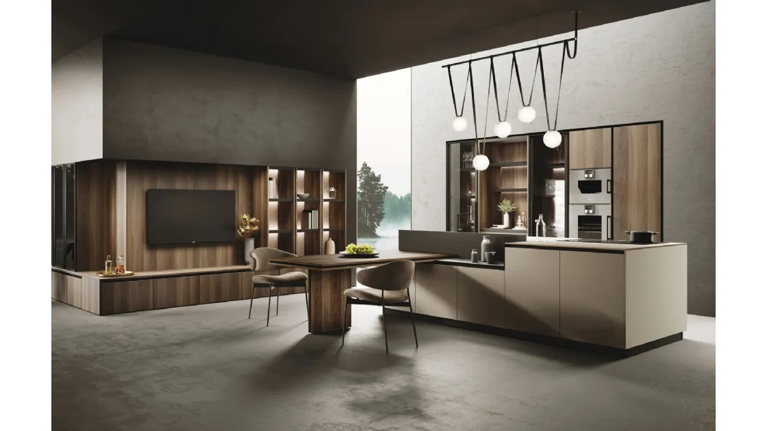 Cucina Design con isola Ménta in laminato PET opaco Creta di Miton