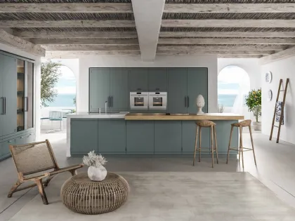 Cucina su misura con isola Anuba in laccato Paxos Grey di Miton