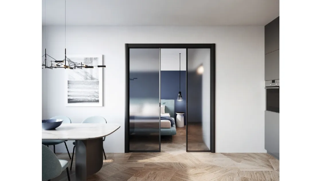 Porta scorrevole per interni con vetro satinato e telaio in alluminio Nero Atlantic Pocket Door di In Forma